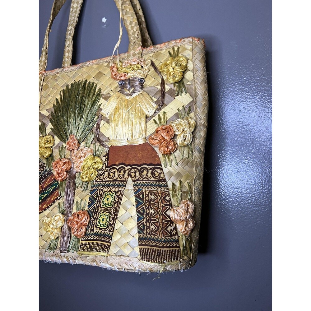 Vintage Straw Tote Bag Womens Large Beige Tropical Floral Applique Lined - Picture 4 of 11
